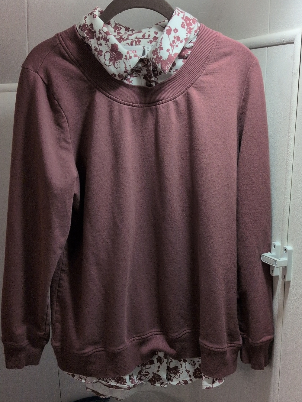 D&Co Mauve Layered Pullover Sweatshirt with Floral Shirt Detail